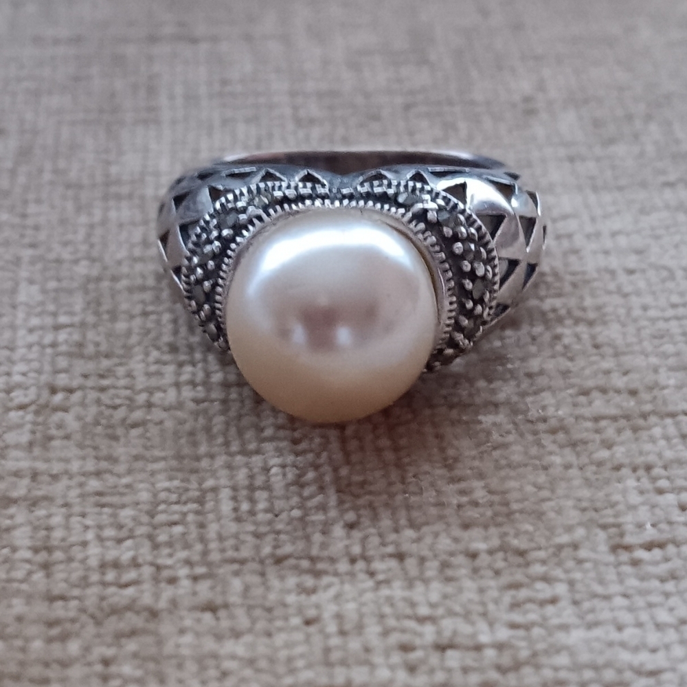 Sterling Silver Marcasite Faux Pearl Ring